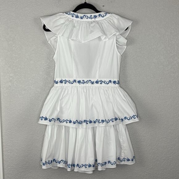 Caroline Constas Miranda Dress Embroidered Ruffle Plunge Neck White Blue Size M - Picture 5 of 10